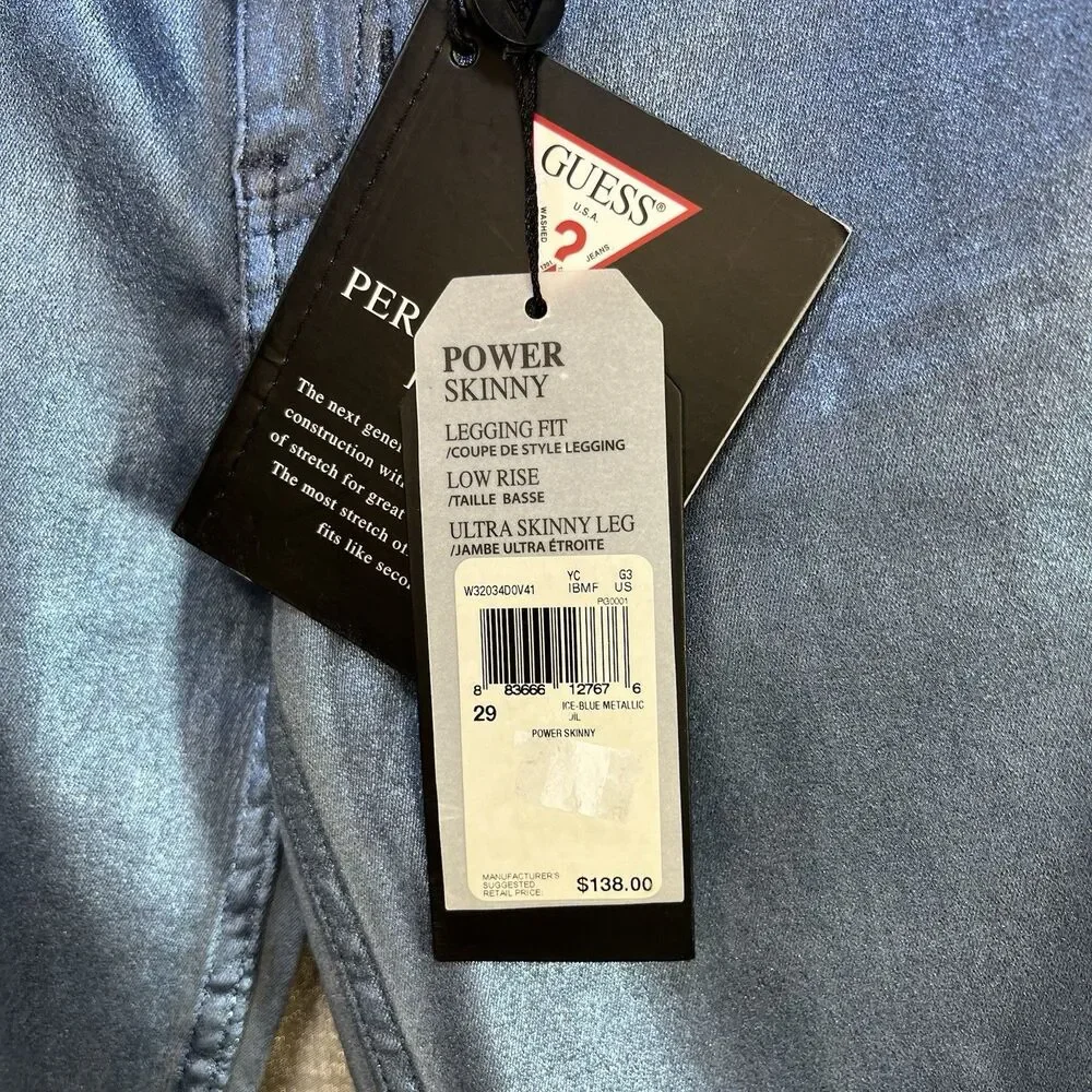 GUESS JEANS Women's Power Skinny Metallic Ice Blue Retail $138 Tags Attached